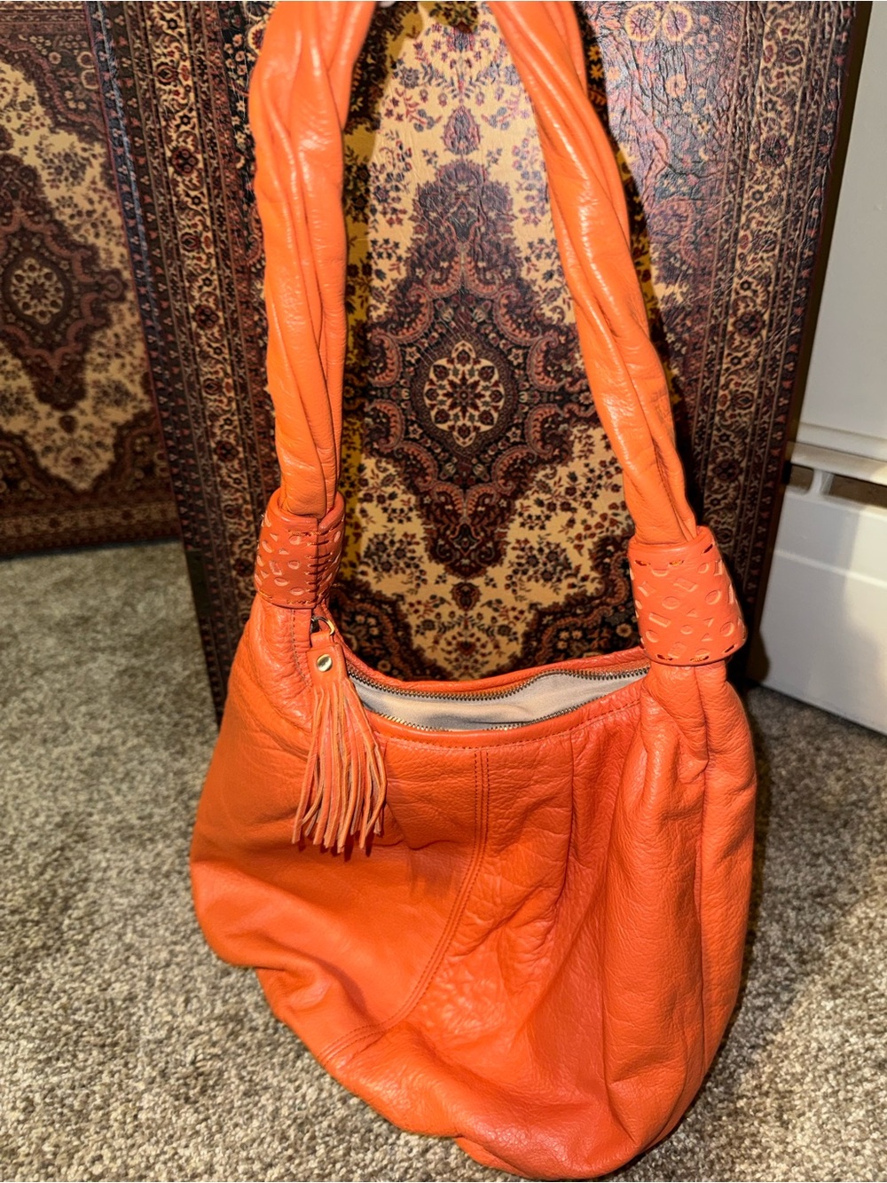 Coldwater Creek Orange Leather Shoulder Hobo Bag with Tassel